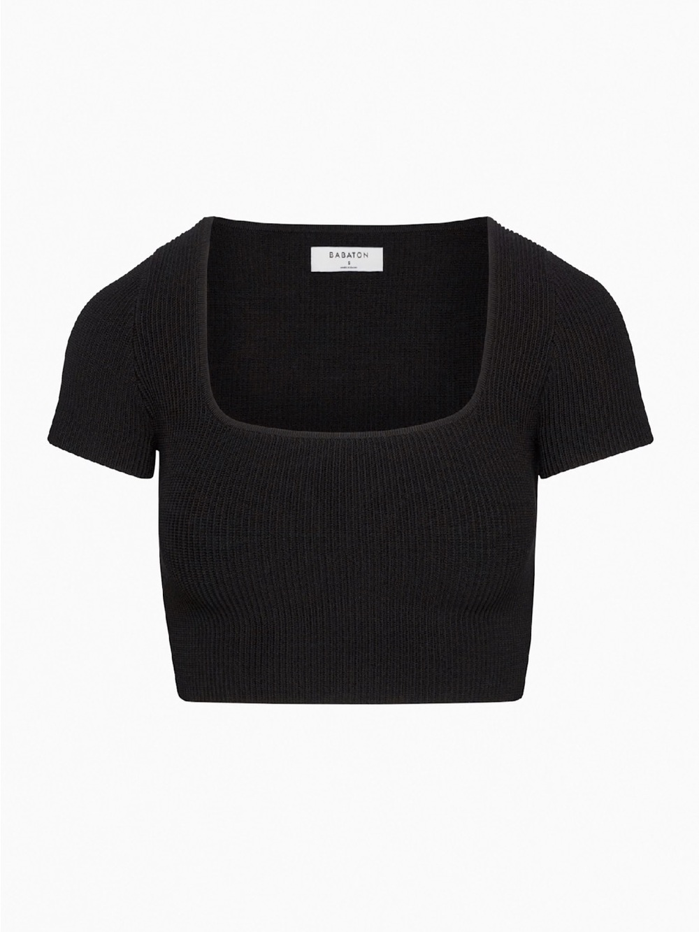 Aritzia Babaton Black Sculpt Knit Square Neck Short Sleeve Crop Top, size medium